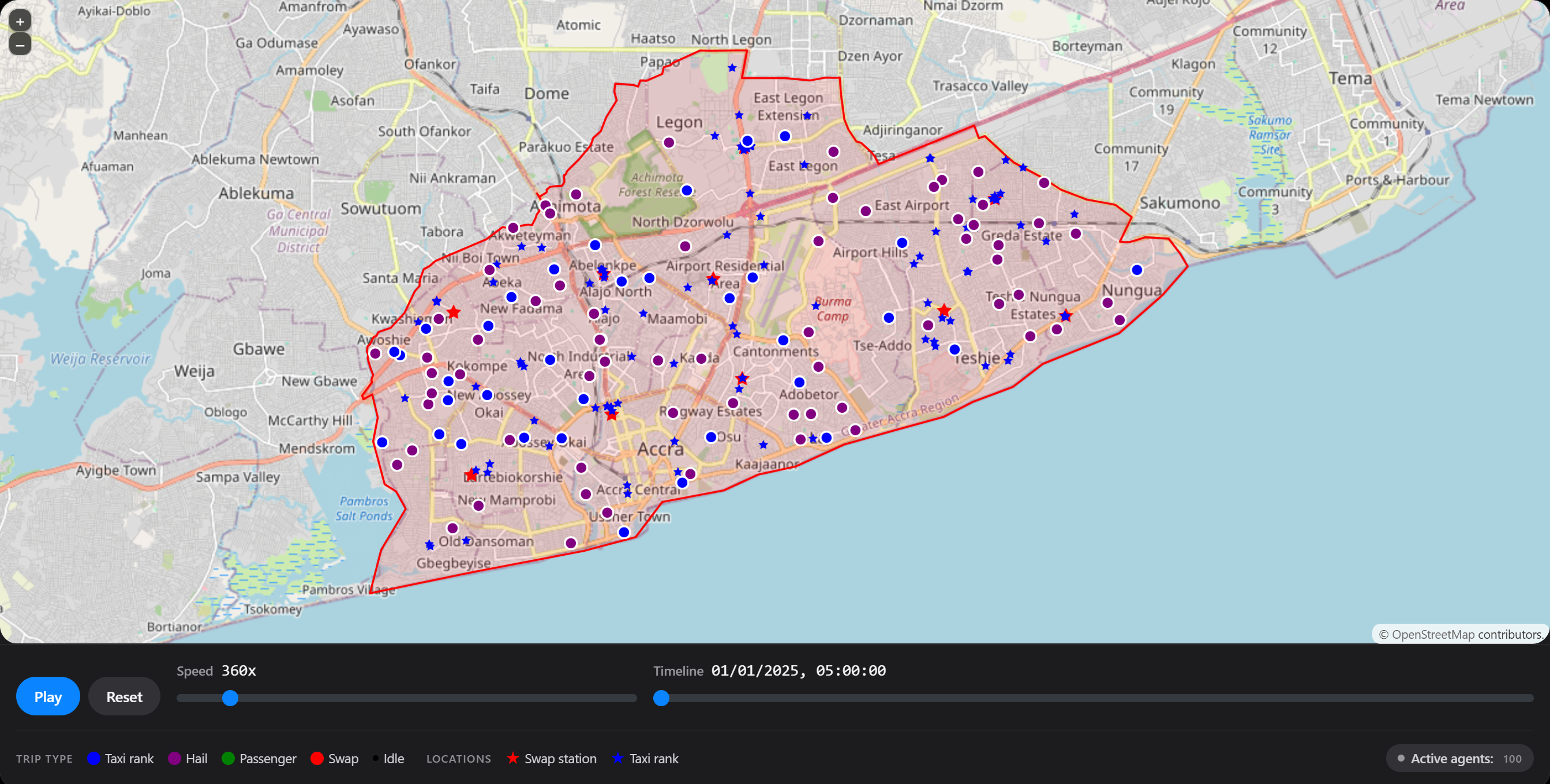 The EV-TRACS trip animation showing the Accra scenario: agents
                  moving across the city, with swap stations and taxi ranks
                  marked, above the playback controls and legend.